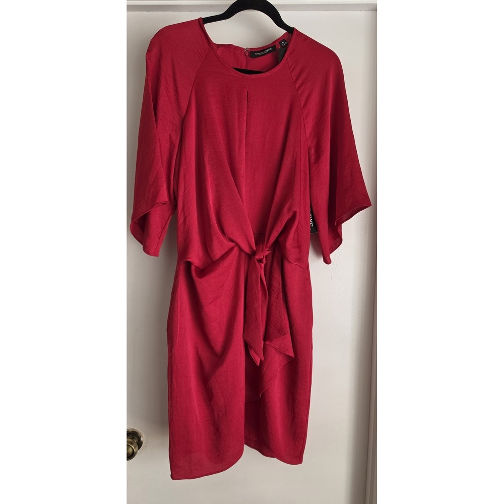 Gabrielle Union Dress Women M Red Short Sleeve Midi Solid Round Neck Gown NWT